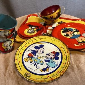 Extinct Cartoon & Mickey!  Kids Play Memorabilia (Somewhat Rusty Tin Dishes!)